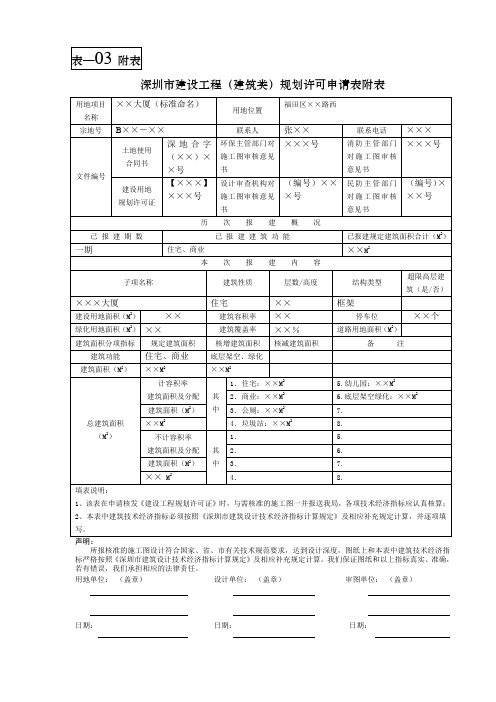 深圳市建设工程(建筑类)规划许可申请表附表示范文本