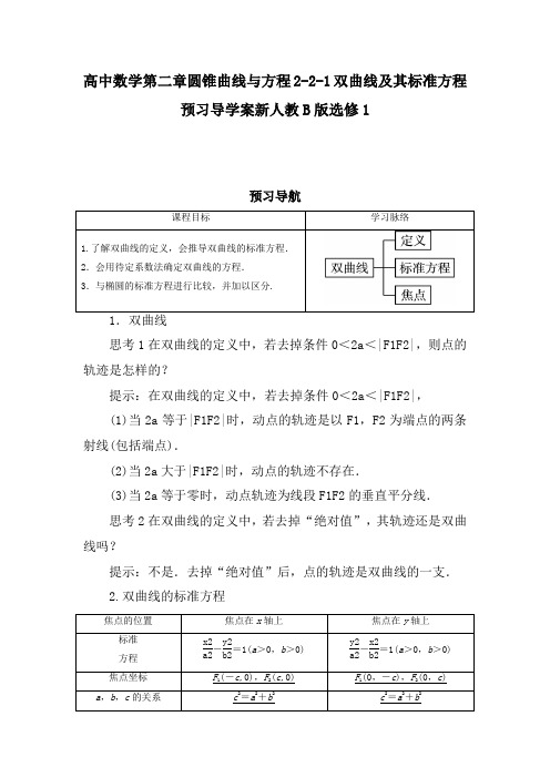 高中数学第二章圆锥曲线与方程2-2-1双曲线及其标准方程预习导学案新人教B版选修1