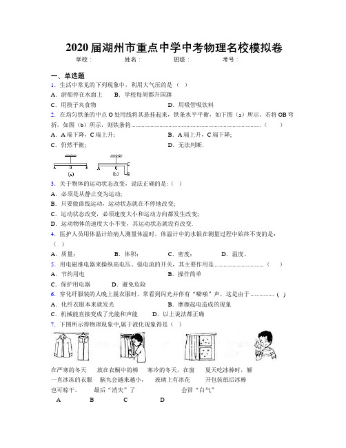 2020届湖州市重点中学中考物理名校模拟卷