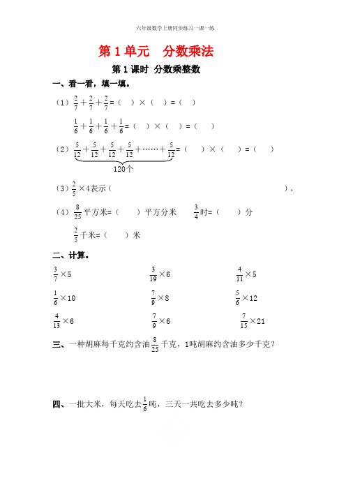 人教版六年级数学上册同步练习一课一练