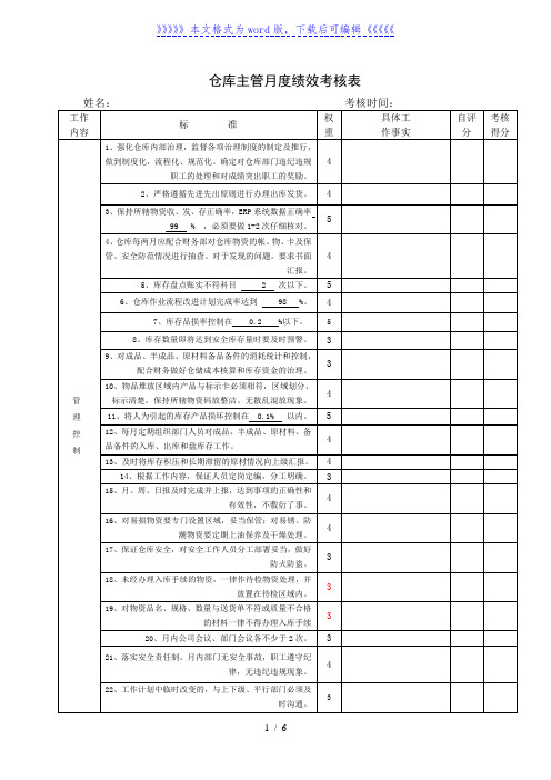 仓库主管月度绩效考核表，仓库主管月度绩效考核实施细则