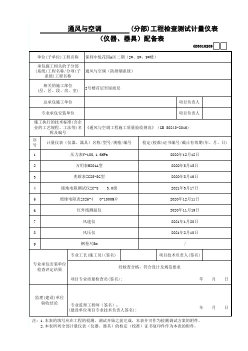 建筑设备安装通风与空调工程防排烟系统7、分部工程检查测试计量仪表(仪器、器具)配备表 GD3010209