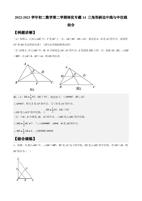 2022-2023学年初二数学第二学期培优专题14 三角形斜边中线与中位线