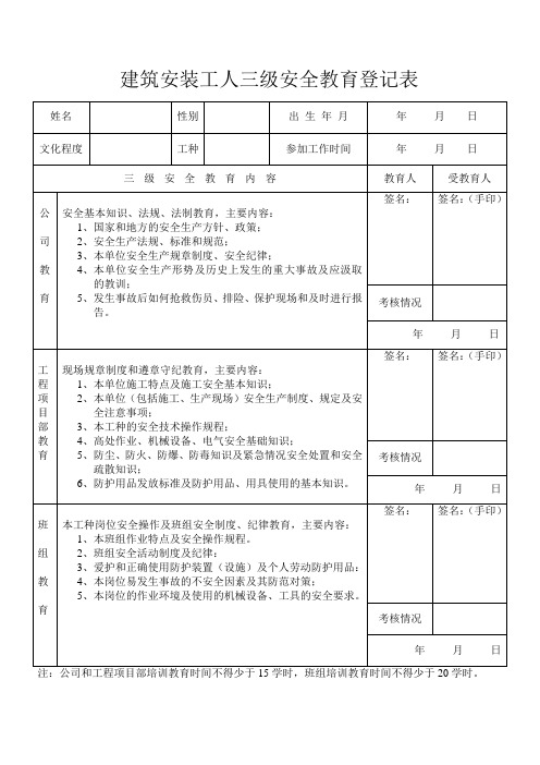 建筑安装工人三级安全教育登记表