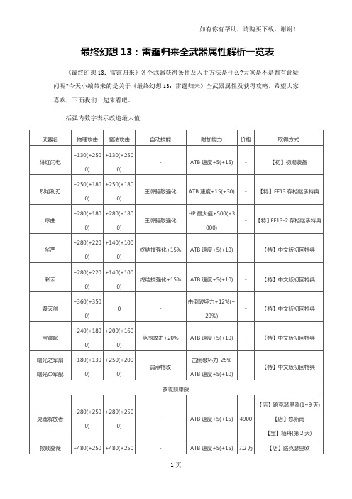 最终幻想13：雷霆归来全武器属性解析及获得方法解析攻略