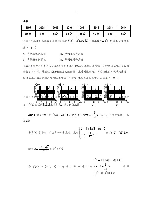 2015届广东数学高考复习专题汇编：函数(2007-2014年试题,含解析)