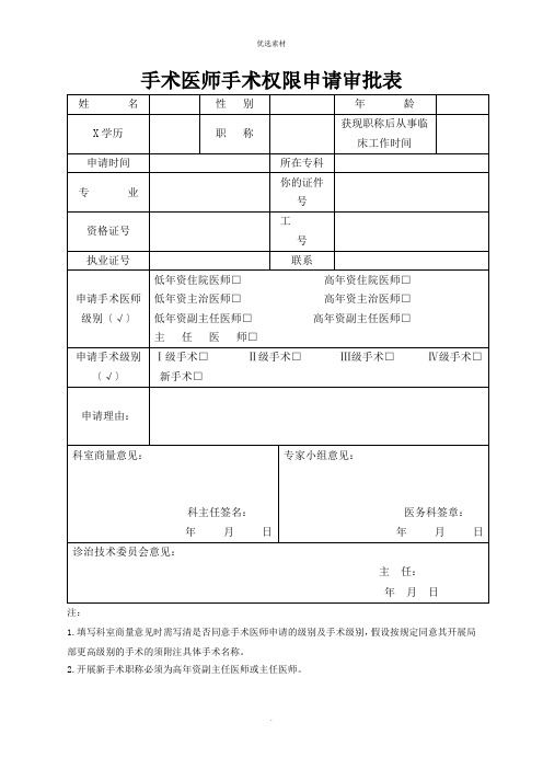 手术权限申请审批表及手术资质授权书