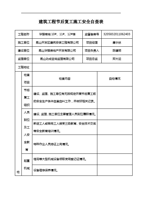 最新房屋建筑工程节后复工施工安全自查表资料