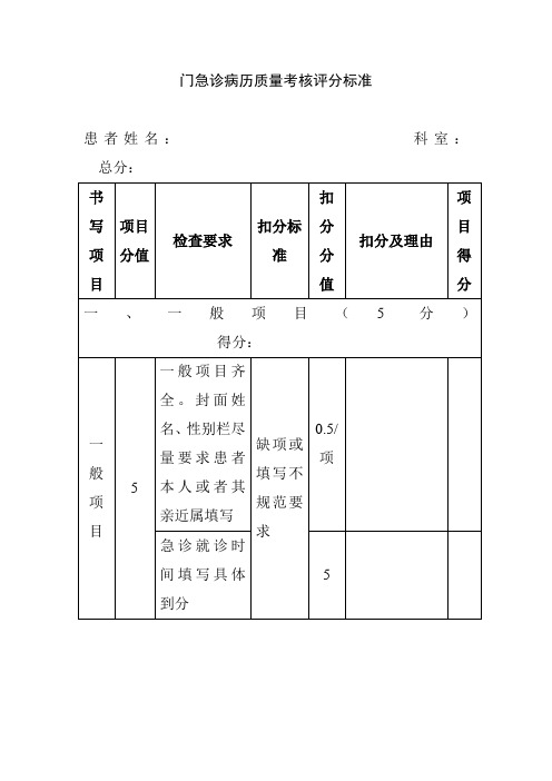 门急诊病历质量考核评分标准