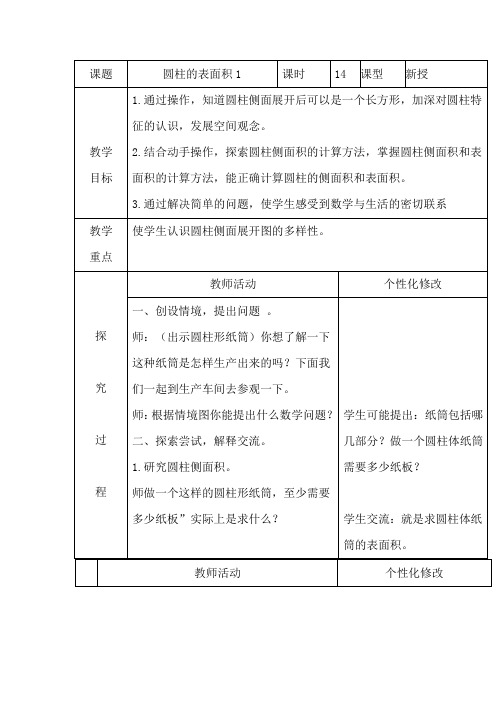 六年级下册数学教案   圆柱的表面积1      青岛版(2014秋)