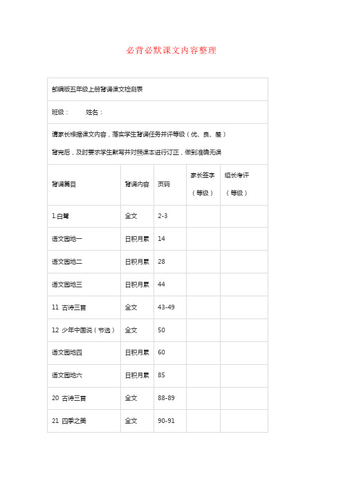 【强烈推荐】部编版五年级上册语文教材：全册课文背诵整理+检测表