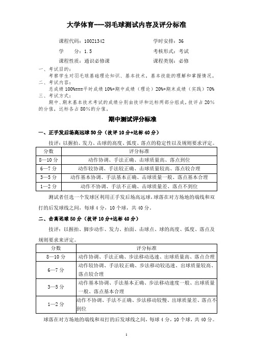 大学体育——(羽毛球)考试评分标准