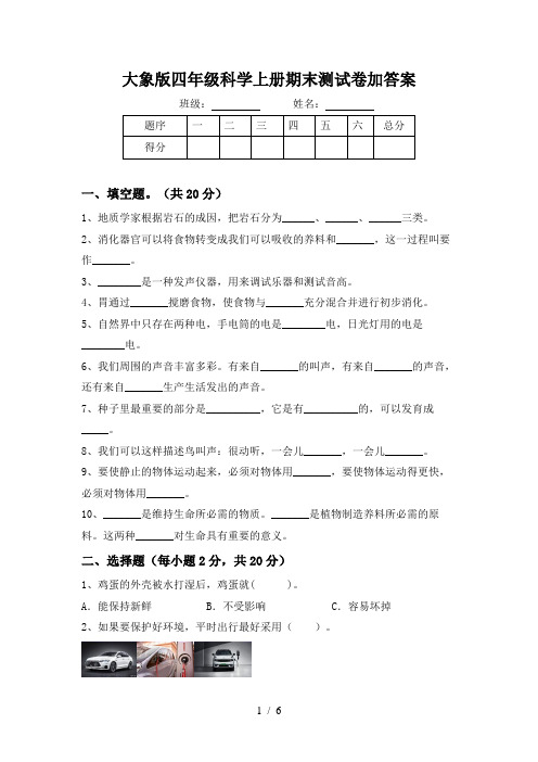 大象版四年级科学上册期末测试卷加答案