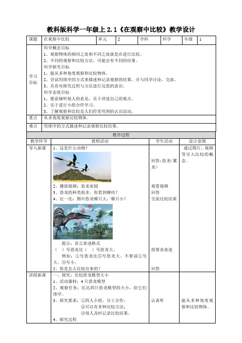 小学科学(教科版)：2-1《在观察中比较》教案