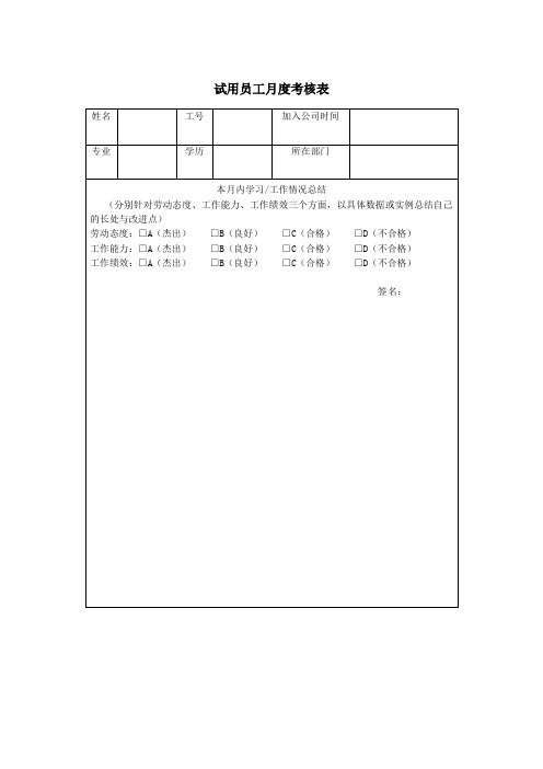 试用员工月度考核表