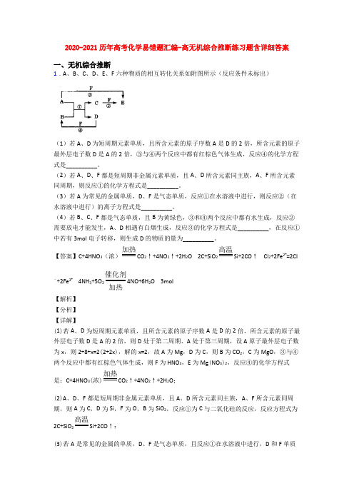 2020-2021历年高考化学易错题汇编-高无机综合推断练习题含详细答案