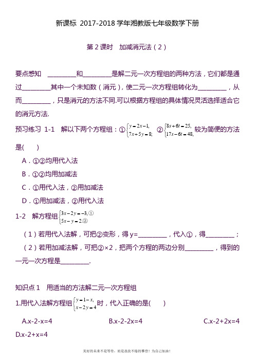 2020—2021年湘教版七年级数学下册《二元一次方程组的解法》同步练习题及参考答案二.docx