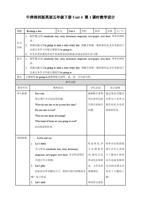 五年级下册英语教案- Module 2 Unit 4 Reading is fun  沪教牛津版