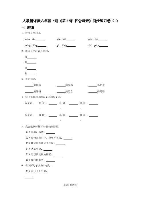 人教新课标六年级(上)《第6课 怀念母亲》同步练习卷(1)