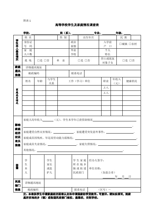 高校学生家庭经济困难学生认定申请表