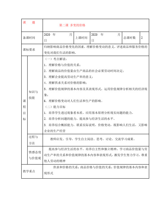 高中政治 第二课 多变的价格教案 人民版必修1