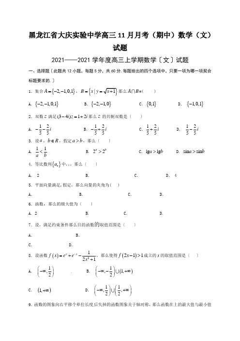 黑龙江省大庆实验中学高三11月月考(期中)数学(文)试题