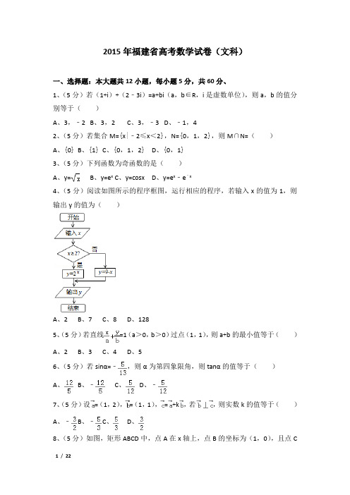 2015年福建省高考数学试卷及解析(文科)