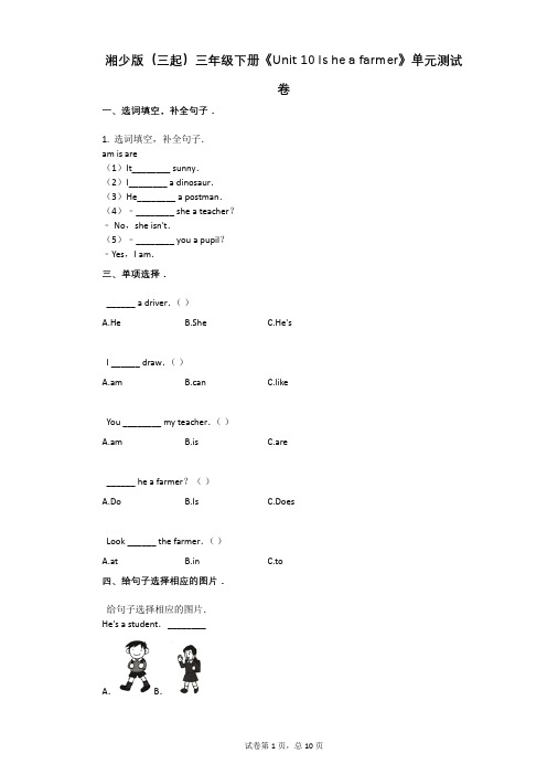 湘少版-有答案-(三起)三年级下册《Unit_10_Is_he_a_farmer》单元测试卷