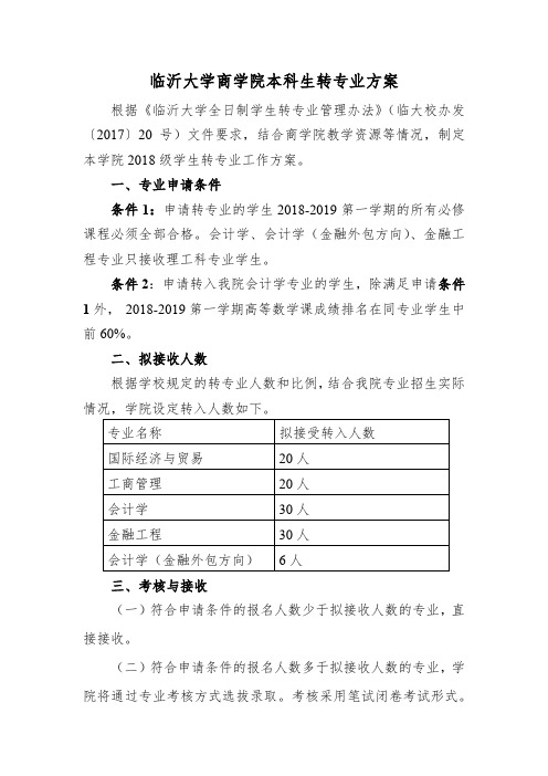 临沂大学商学院本科生转专业方案