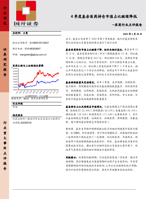 医药行业点评报告：4季度基金医药持仓市值占比继续降低