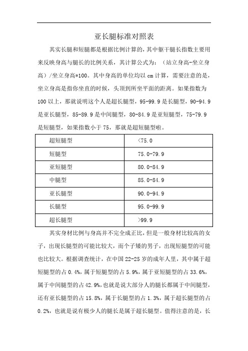 亚长腿标准对照表