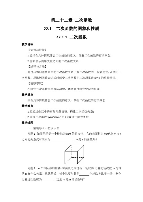 人教版九年级数学上册  22.1.1 二次函数  教案