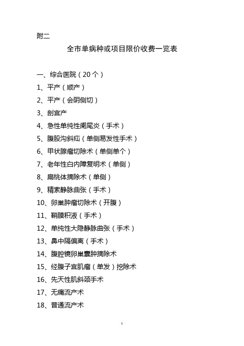 全市单病种或项目限价收费一览表