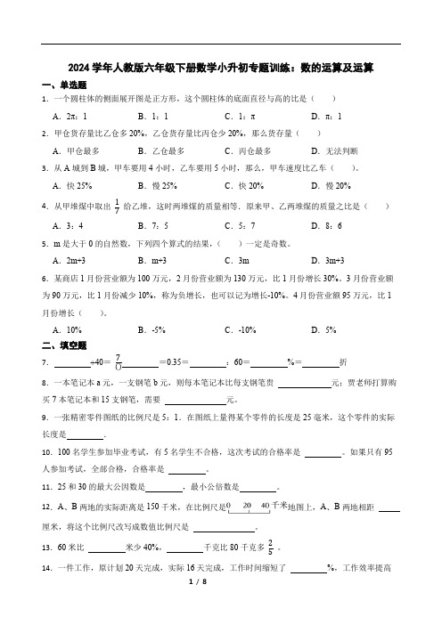 2024学年人教版六年级下册数学小升初专题训练：数的运算及运算