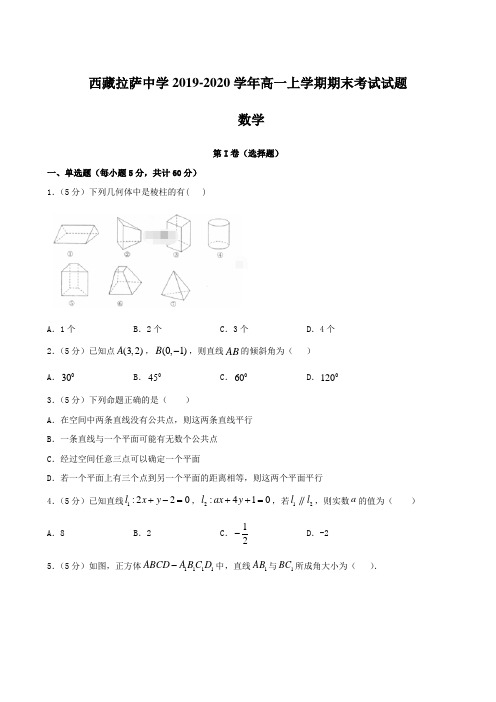 西藏拉萨中学2019-2020学年高一上学期期末考试试题 数学 含答案