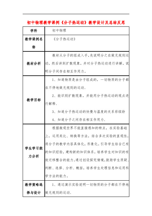 初中物理教学课例《分子热运动》教学设计及总结反思