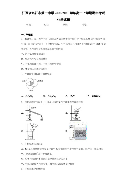 江西省九江市第一中学高一上学期期中考试化学试题