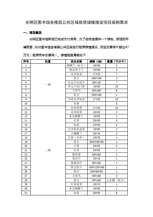 光明区图书馆各楼层公共区域租赁绿植摆设项目采购需求