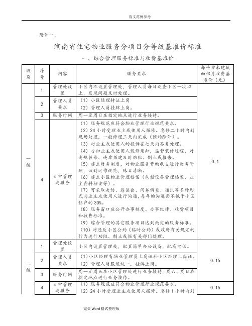 湖南住宅物业服务分项目分等级基准价标准[完整版]