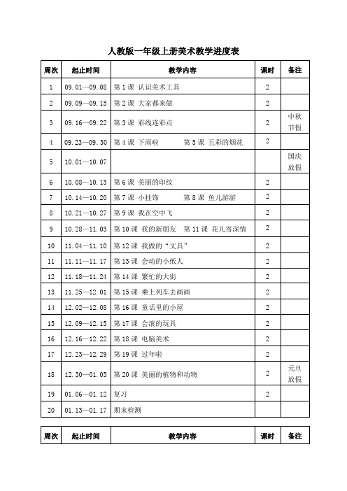 人教版一年级上册美术教学进度表