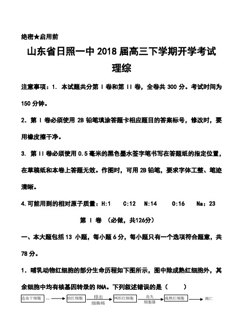 2018届山东省日照一中高三下学期开学考试理科综合试题