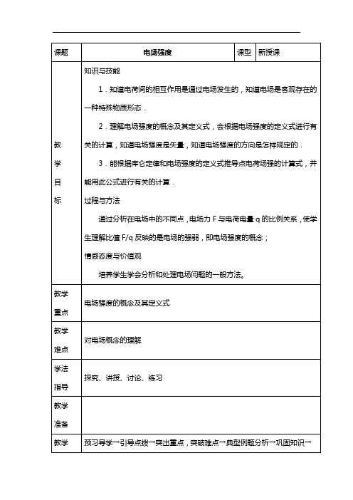 人教版高中物理选修3-1：《电场强度》教案