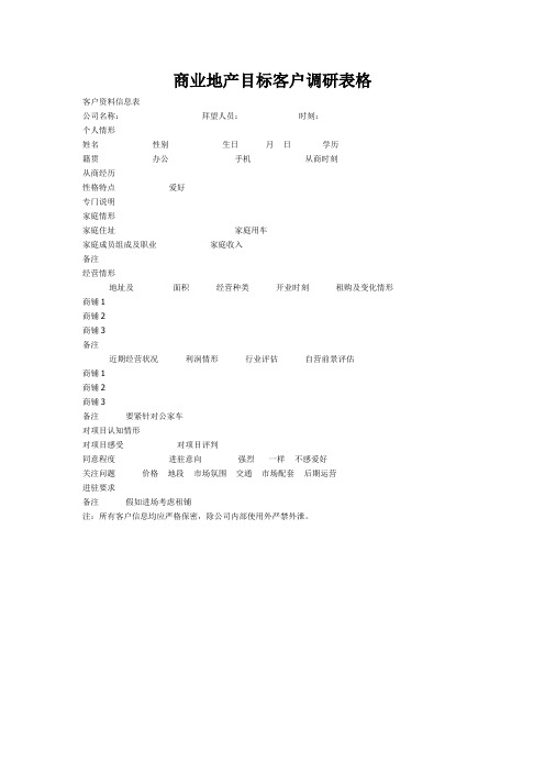 商业地产目标客户调研表格