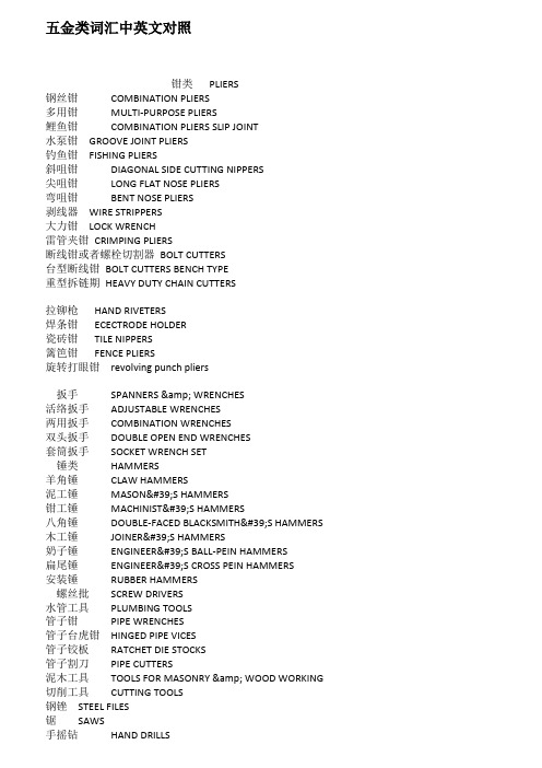 五金类词汇中英文对照