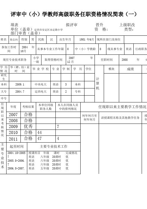 中学高级教师评审简表(1)、(2)