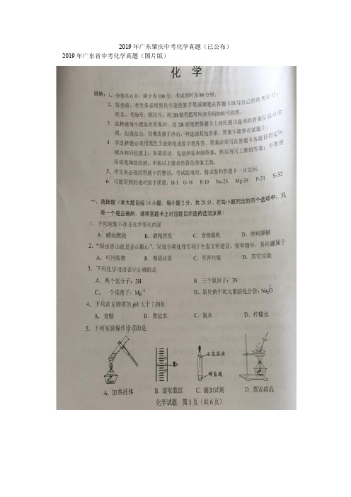 2019年广东肇庆中考化学真题(已公布)