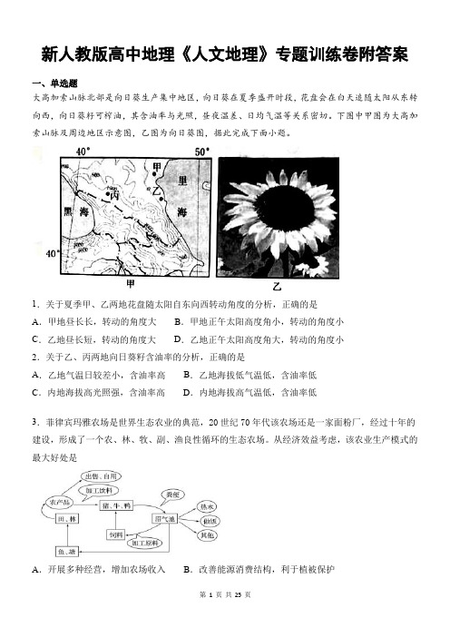 新人教版高中地理《人文地理》专题训练卷附答案