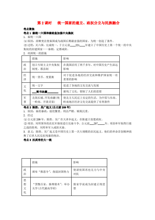 江苏省盐城市大丰市万盈第二中学中考历史专题复习 第2课时 统一国家的建立、政权分立与民族融合考点聚焦