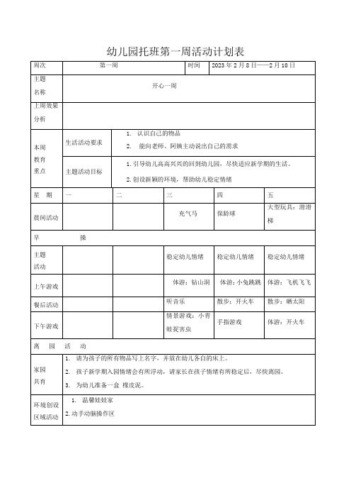 幼儿园托班第一周活动计划表