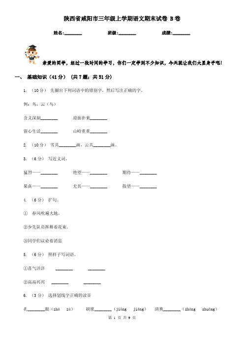 陕西省咸阳市三年级上学期语文期末试卷 B卷